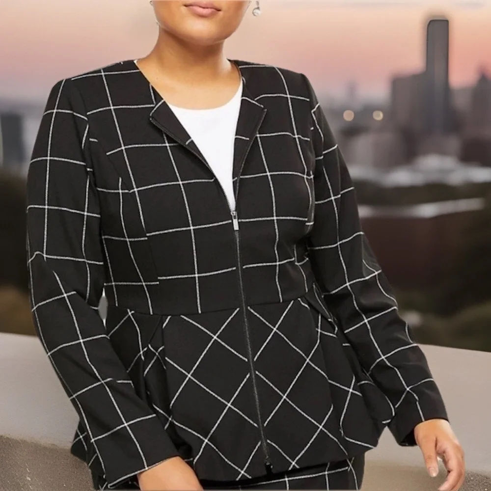 Lane Bryant Windowpane Peplum Blazer Full Zip Black White Career‎ Womens 22